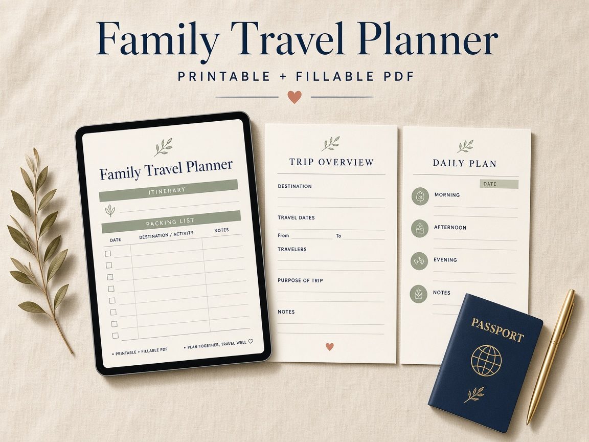Family Travel Planner printable pages with a tablet and passport