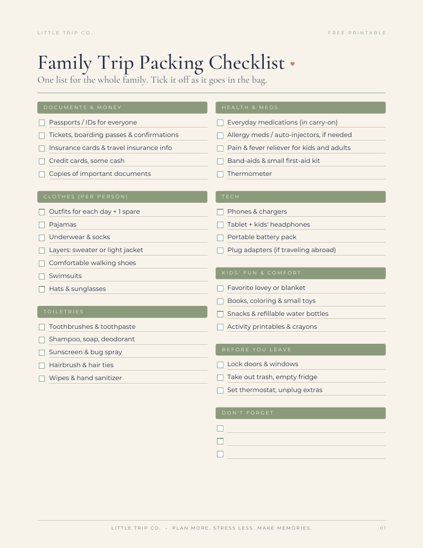 Family Trip Packing Checklist, page 1: documents, clothes, toiletries, health, tech, kids’ fun and before-you-leave lists