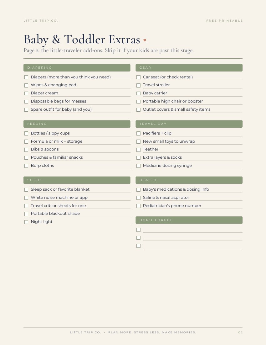 Page 2: baby and toddler extras for diapering, feeding, sleep, gear and travel day